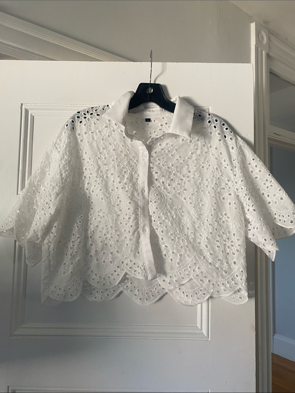 Urban Outfitters White Eyelet Scallop Button-Up Top
